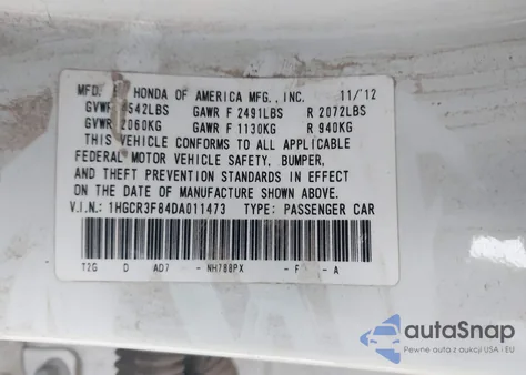 2013 Honda Accord Ex-L V-6 from USA, damaged, VIN 1HGCR3F84DA011473